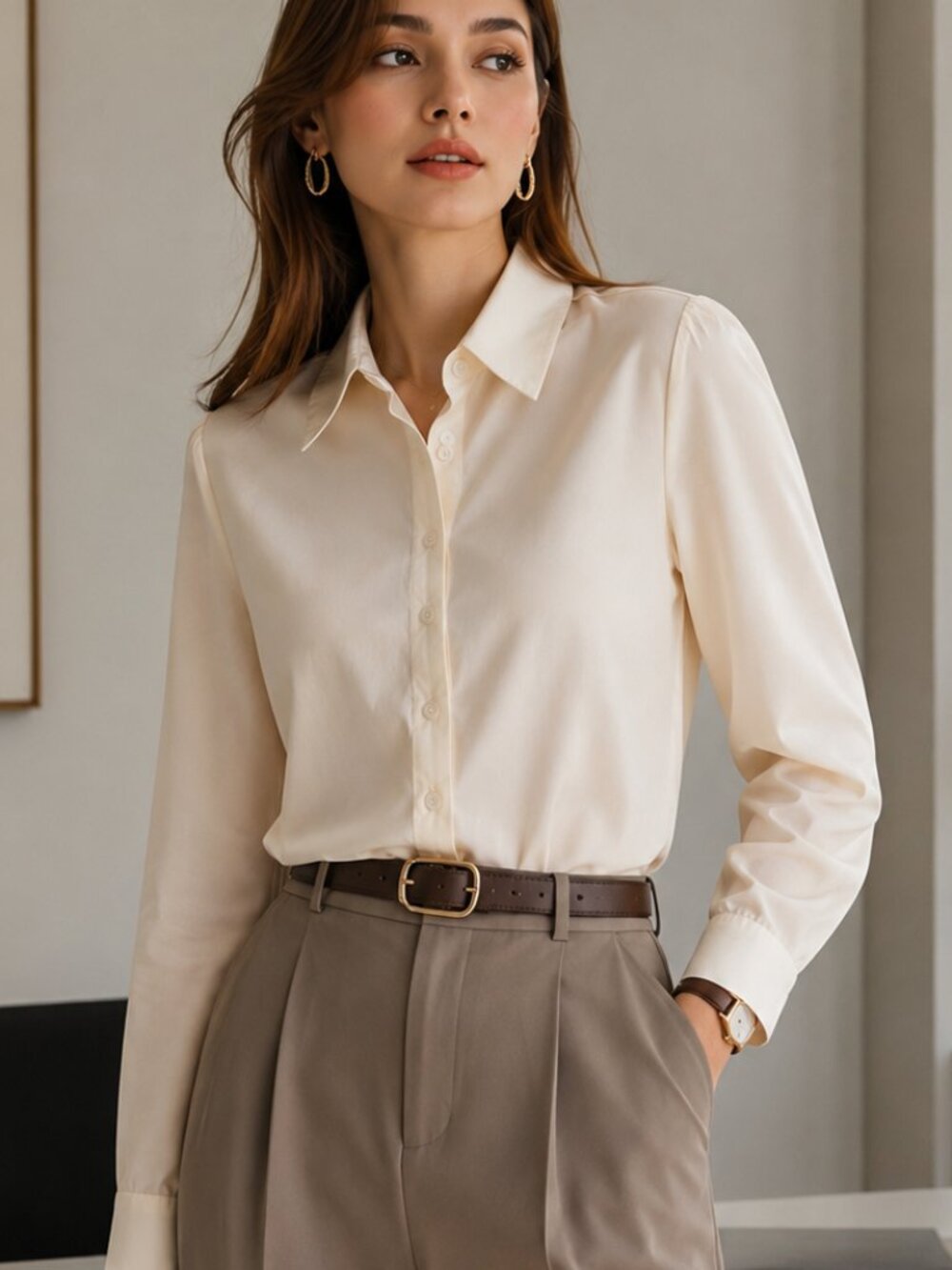 Y2K Liz Claiborne Pale Cream Long-Sleeve Silk Button-Up Blouse